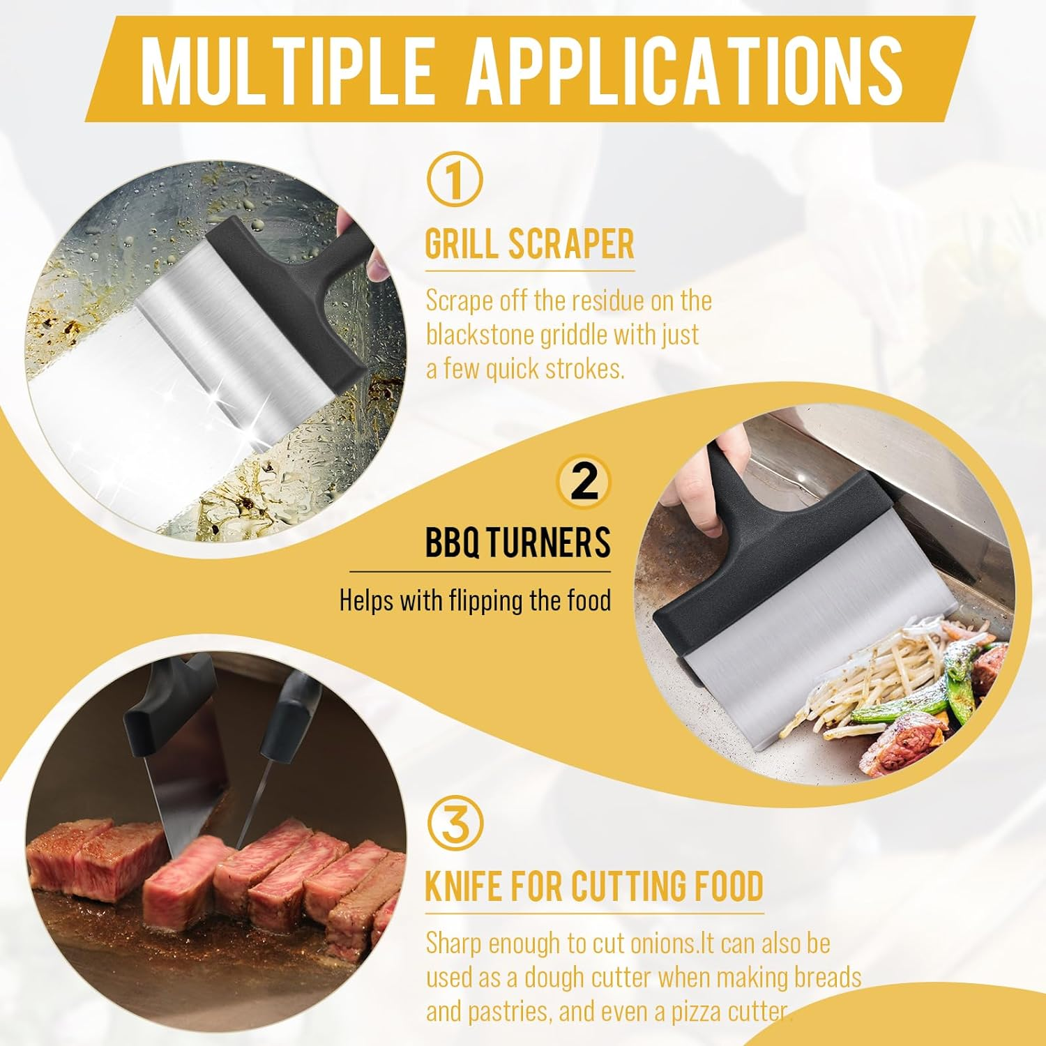 Heavy Duty Grill Scraper Stainless Steel Griddle Scraper with 5 Inches Handle,Sturdy Food Scraper Tool Kitchen for Blackstone Grill Accessories,Outdoor Barbecue Turners Tools (Black 2 Pcs)