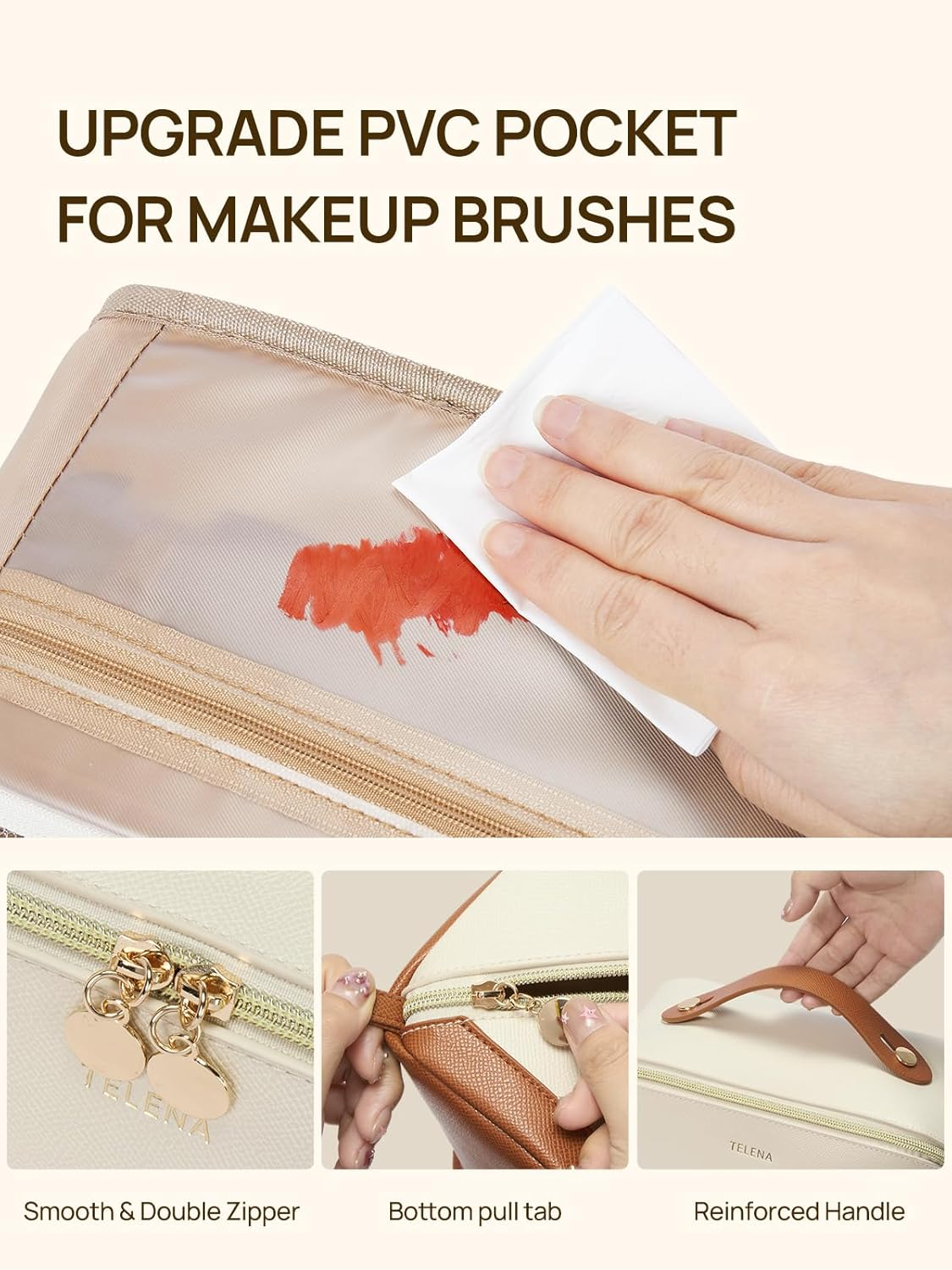 Telena Leather Make up Bag Portable Travel Makeup Bag Waterproof Cosmetic Bags for Women Large Capacity with Handle and Divider Open Flat, 0-Beige with Brown, Stylish - 0-Beige With Brown image number 5