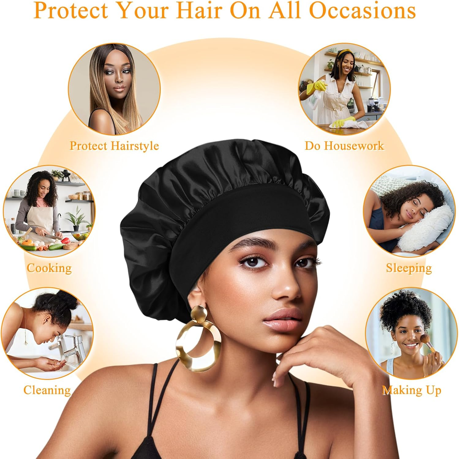 [2 Pcs]Satin Bonnet Silk Hair Bonnet with Wide Elastic Band, Hair Bonnet Silk Hair Wrap for Sleeping, Soft Head Cover Sleeping Hat Night Sleep Cap for Women Men Curly Hair - Black+Red image number 7