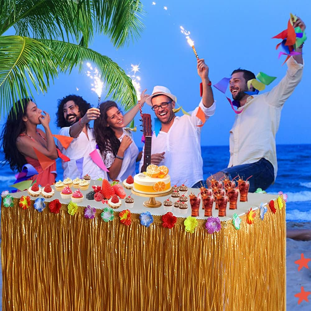 YSHIGUING Hawaiian Luau Table Skirt, 9Ft Rectangular Plastic Table Cloth, Yellow, 276 X 75 Cm, Tropical Party Decorations image number 2