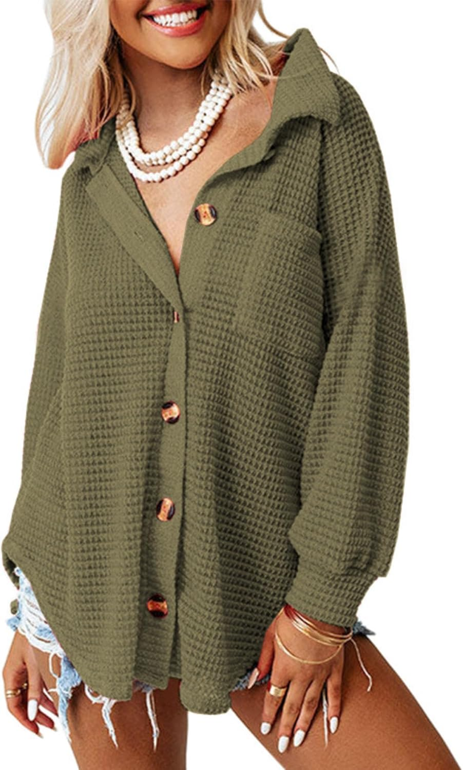 Women&rsquo;S Waffle Knit Shacket Jacket Casual Long Sleeve Blouses with Pocket Button down Shirts Dressy