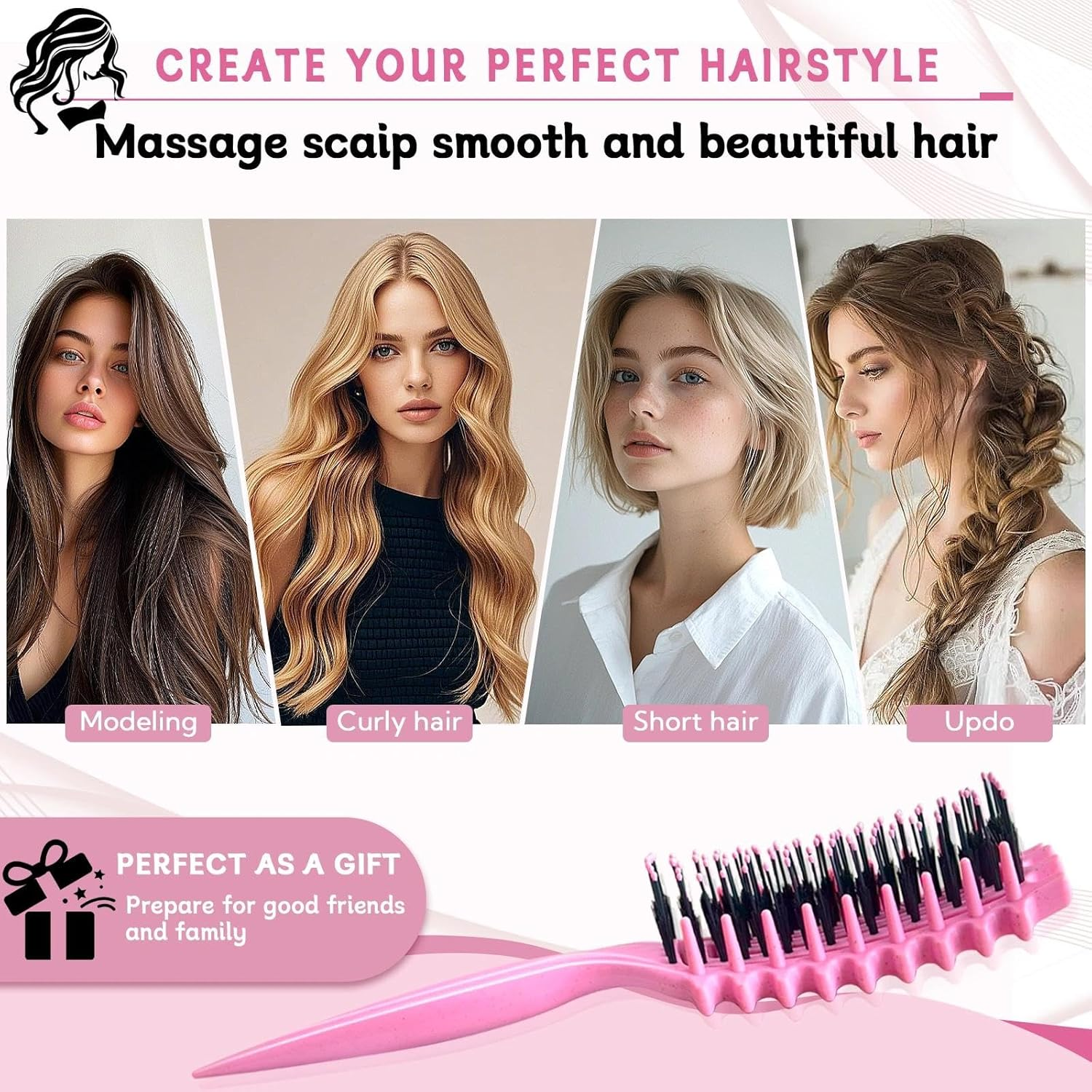 Zikenis Curling Brush, Curly Hair Brush with Ergonomic Handle, Hair Brush for Combing and Shaping, Unisex, Reduces Pulling and Curl Removal, for Defined Trendy Curls (Pink) image number 2