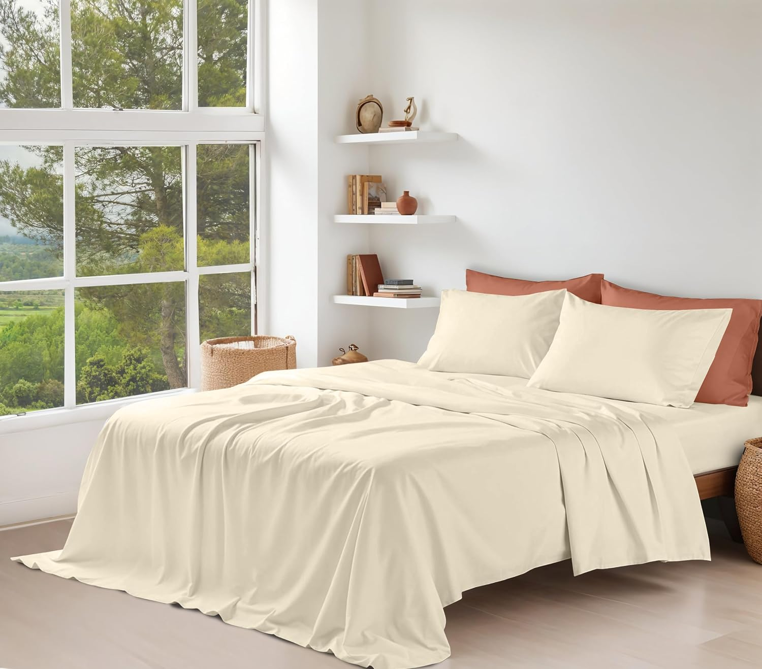 RUVANTI 100% Organic Cotton Sheets Queen Size, Percale Weave, GOTS Certified, 4-Piece Set, Deep Pocket 15", Crisp & Breathable, Soft Durable Bedding, S&aacute;banas Algod&oacute;n Org&aacute;nico &ndash; Cloud Cream image number 4