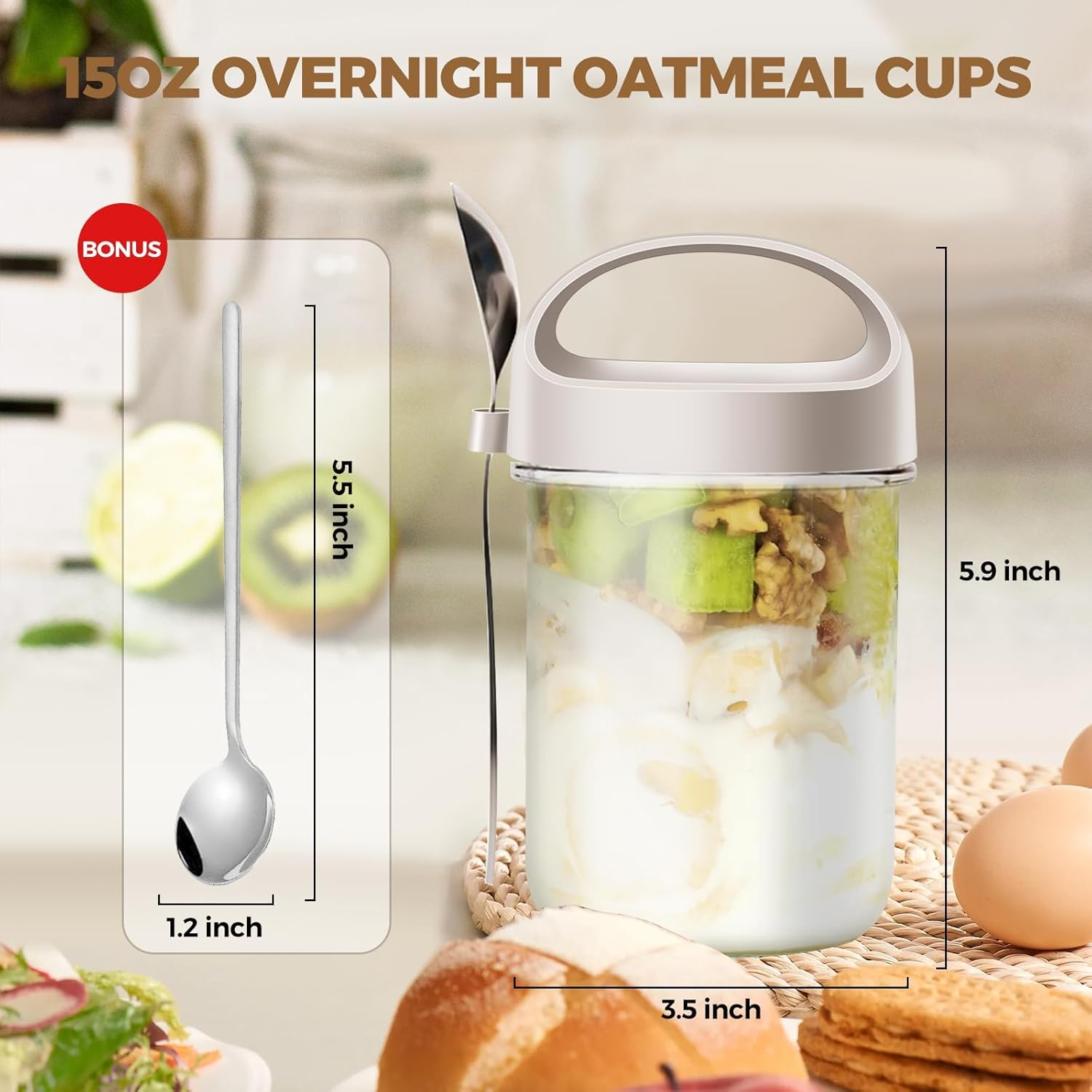 6 PCS 15Oz Overnight Oats Containers with Lids and Spoons, Wide Mouth Glass Mason Overnight Oats Jars, Large Capacity Airtight Jars for Milk, Cereal, Fruit image number 2