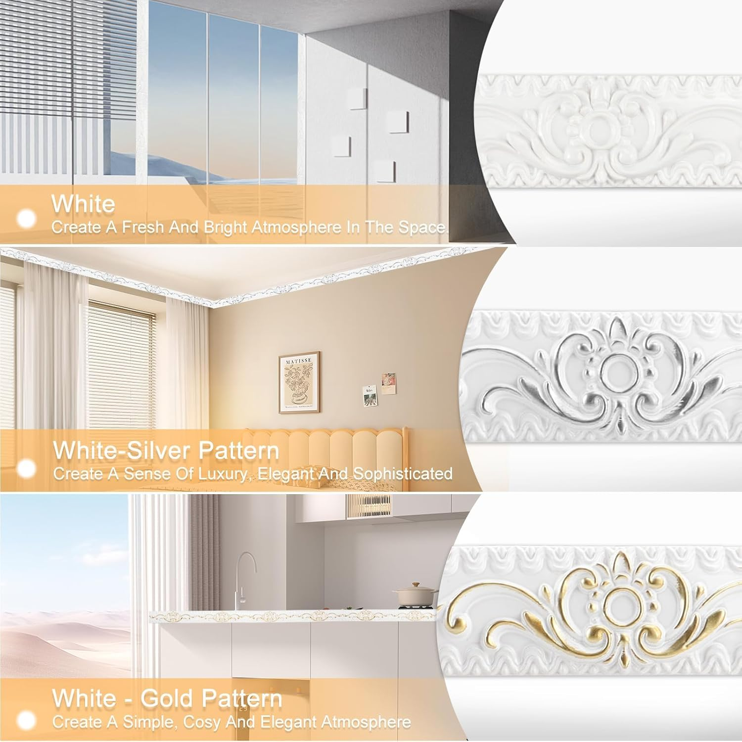 300*3.6Cm Wallpaper Borders Self-Adhesive,3D Vintage Pattern Coving for Ceilings, Flexible Moulding Trim Waterproof, Peel and Stick Wall Border for Mirror Frame， Home Decoration（White-Silver Pattern） image number 3