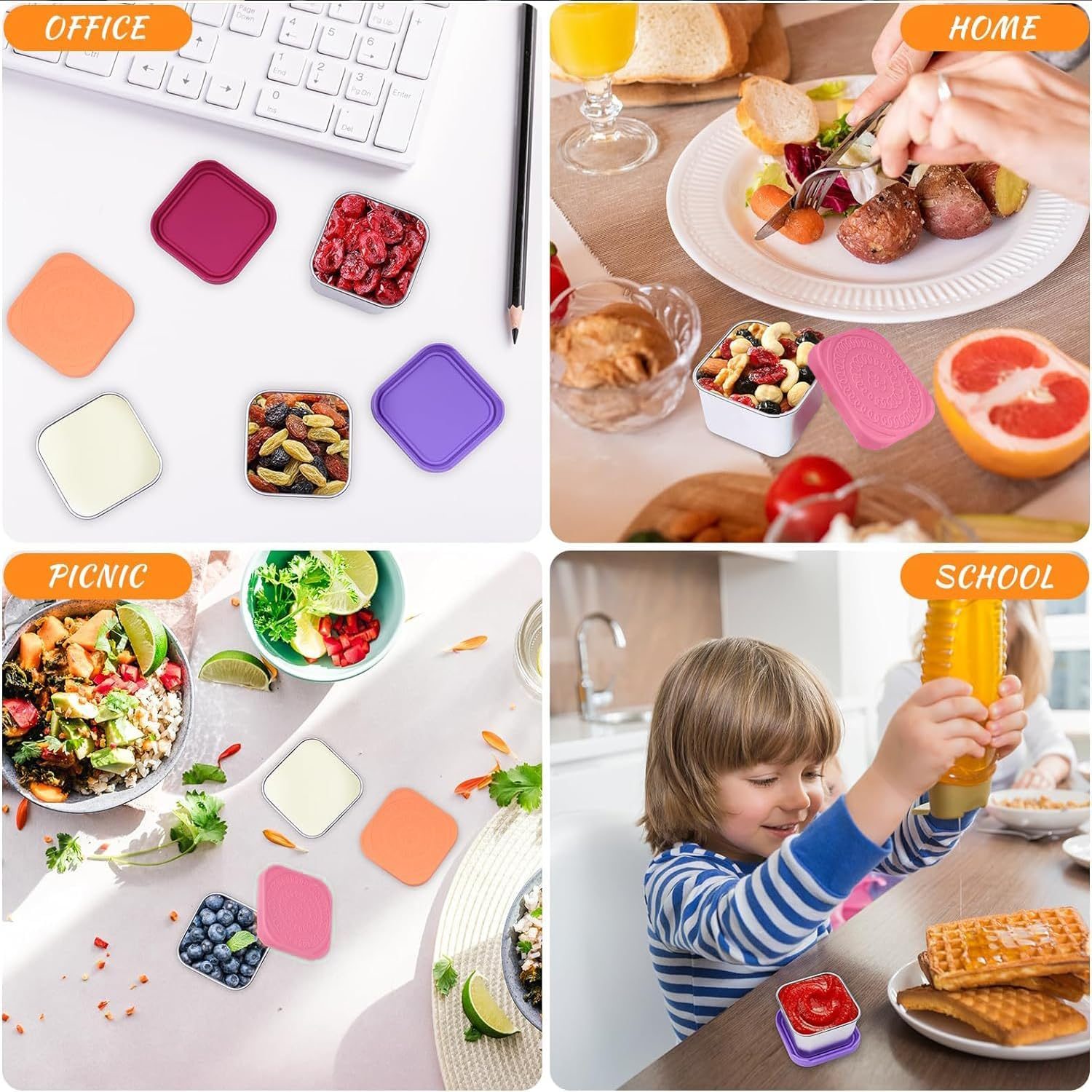 4 Pack Stainless Steel Snack Containers, Leak Proof Food Storage Containers Metal Kids Snack Containers with Silicone Lids, for Daycare, School Travel(6Oz) (Pink, Orange, Rose Red, Purple) image number 5