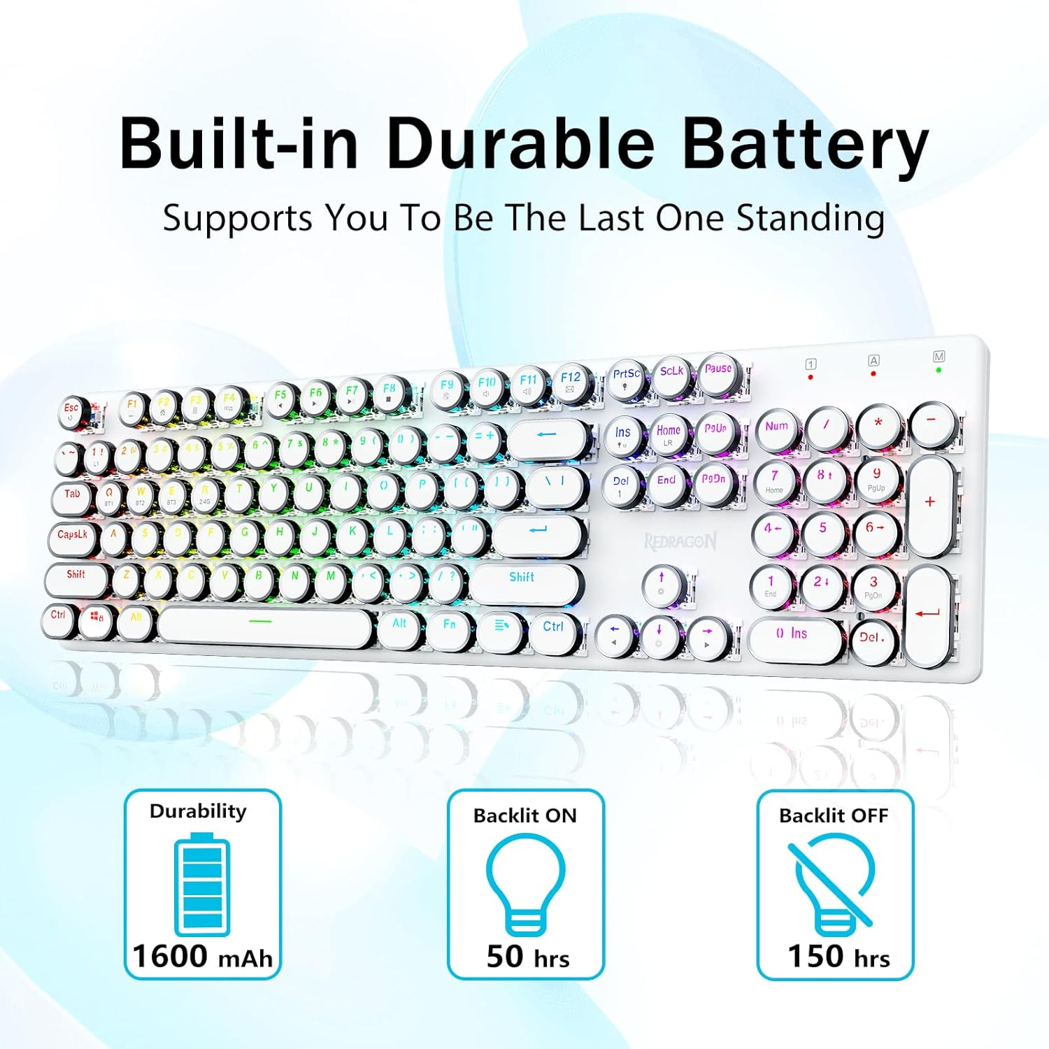 Redragon K710 Wireless Typewriter Style Mechanical Gaming Keyboard, Bluetooth/2.4Ghz/Wired, RGB Backlit, Rechargeable, Blue Switch - Clicky, Metal Panel, round Keycaps, White image number 3