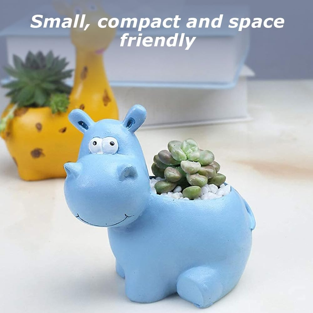 2 Pcs Animal Succulent Planter Pot with Drainage Hole, Giraffe Shape Small Succulent Pots, Hippo Resin Flower Pot, Mini Flower Planter Cartoon Planter, Cartoon Plant Containers