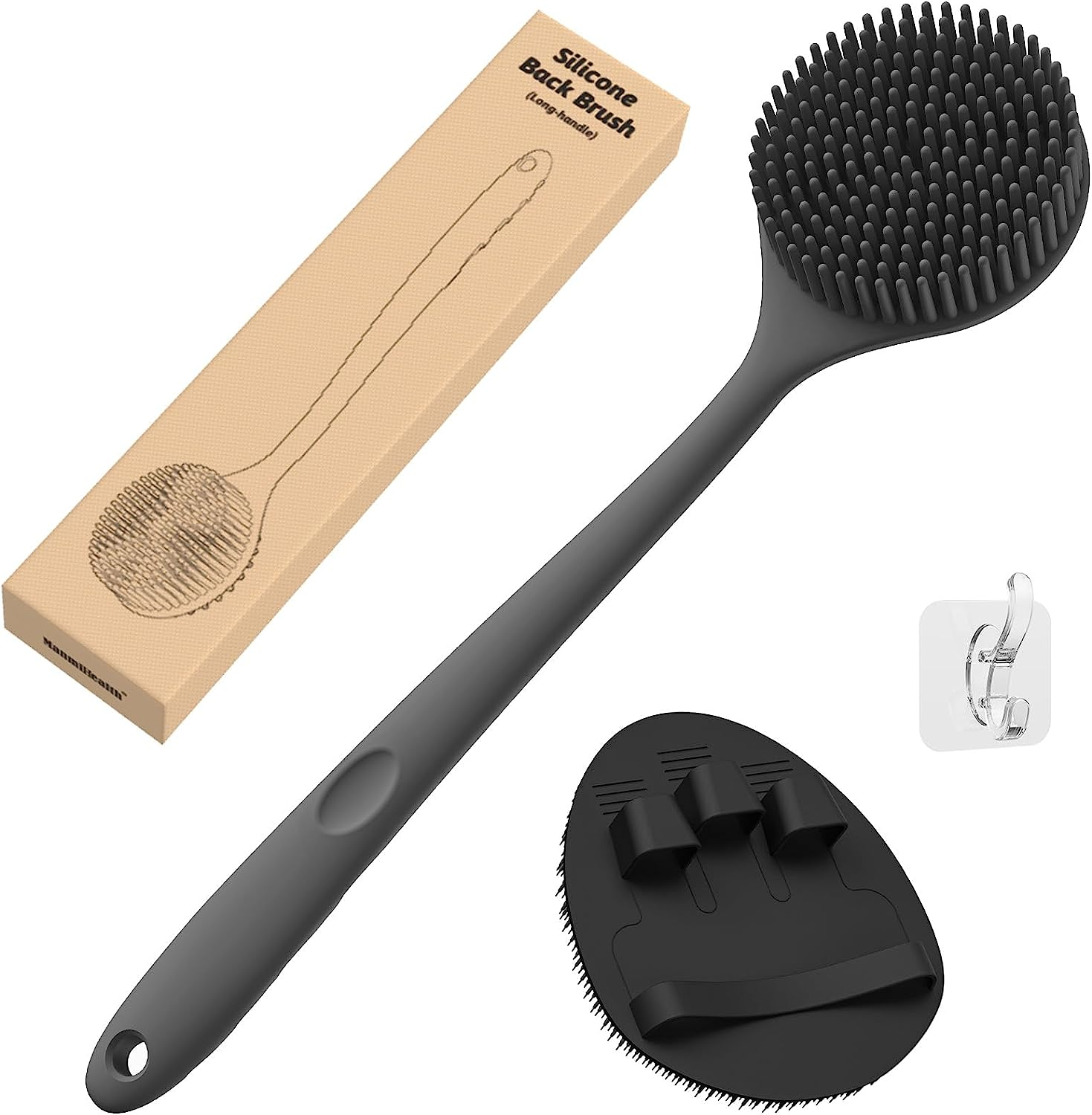 Manmihealth Silicone Back Scrubber for Shower(Thick Bristles), Body Scrubber with 15'' Long Handle, Light & Easy-To-Hold Shower Brush for Skin Exfoliating and Massaging, Not Good in Lathering.(Black)