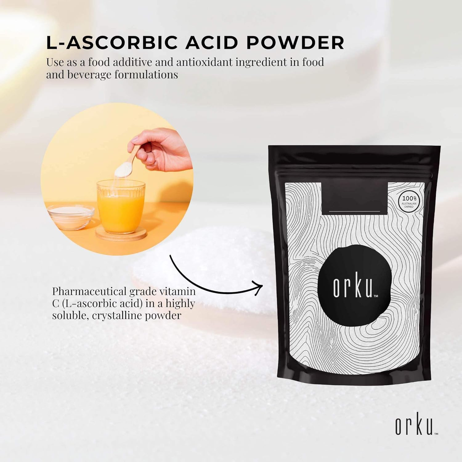 Orku 2Kg Vitamin C Powder Pure L-Ascorbic Acid - USP Grade Non-Gmo