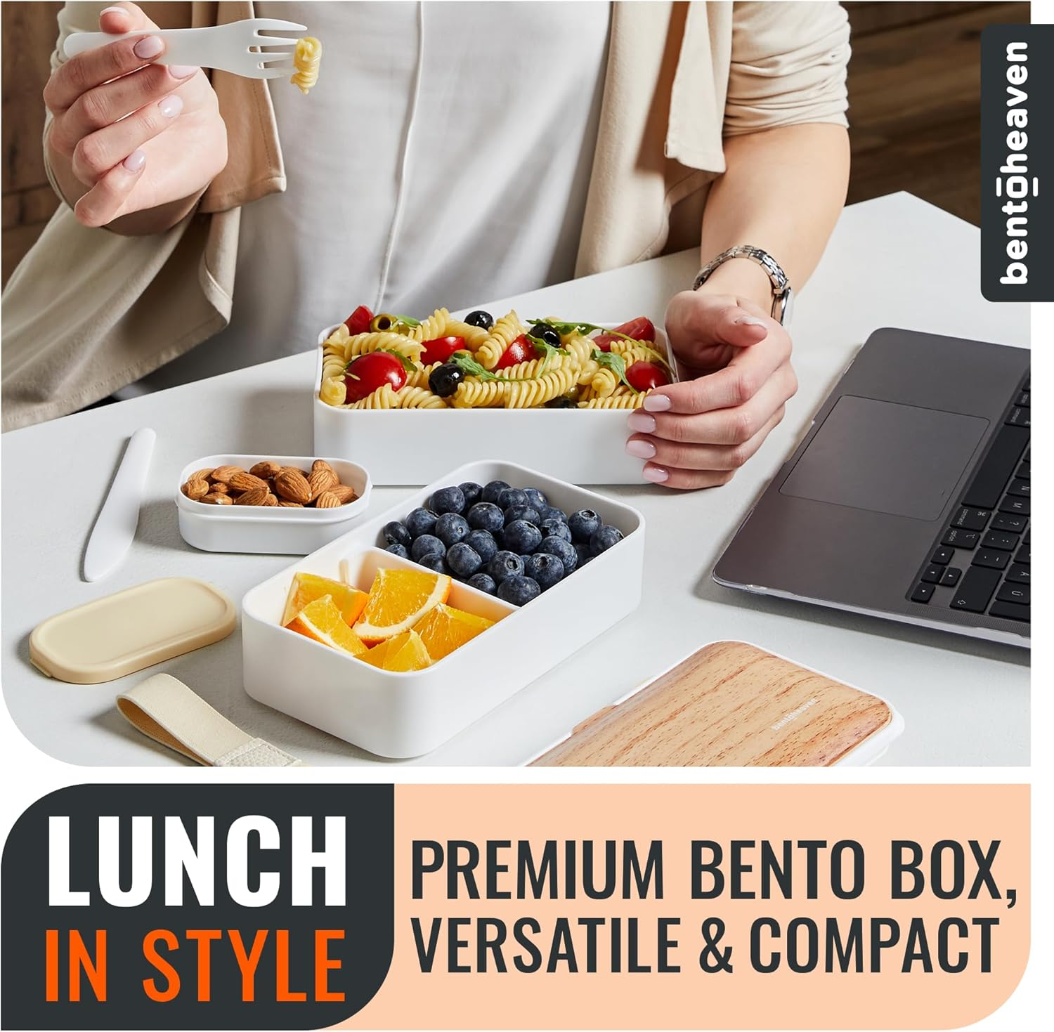 Bentoheaven Premium Bento Box Adult Lunch Box with 2 Compartments (1200Ml), Cutlery & Set of Chopsticks, Large Dip Container, Cute Black Japanese Bento Box, Rectangle, Microwavable (Bright Light) image number 1