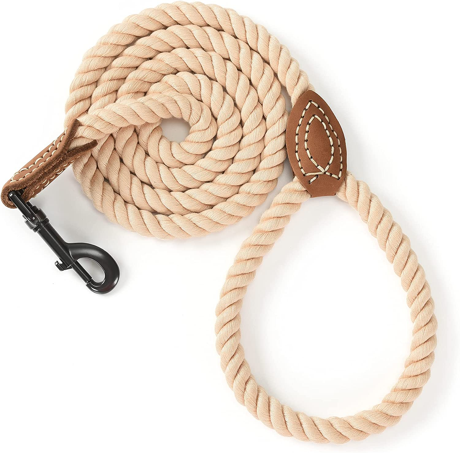 Mile High Life Braided Cotton Rope Leash with Leather Tailor Handle and Heavy Duty Metal Sturdy Clasp (Light Brown, 5 FT)