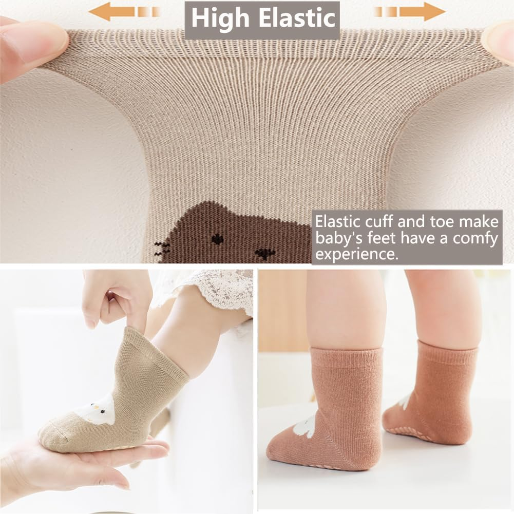 Reelau [5 Pairs] Baby anti Slip Grip Socks, for 1-5 Years' Kids Cotton Socks with Grips Unisex Non Slip Grip Socks Baby Floor Crawling Ankle Sock