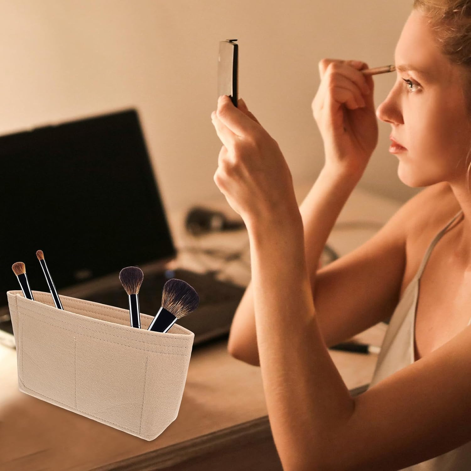 DRESSOOS 2Pcs Felt Purse Organizer Insert Bag Set with Zipper and Open Top Small Tote Bag Insert Organizer for Handbags and Travel Beige Wool Felt Handbag Liner image number 2