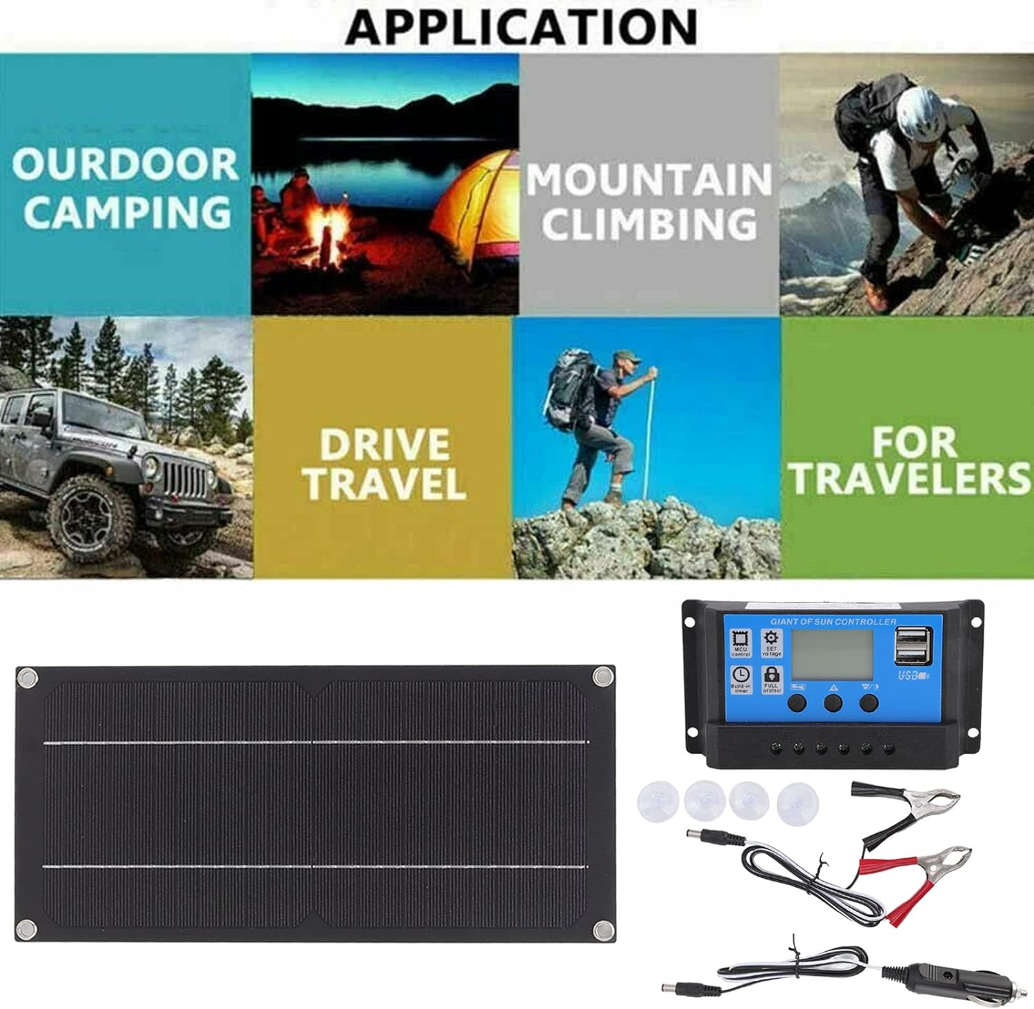 600W 12V Solar Panel Kit Keep Car Battery from Drain Dead, 100A Solar Charge Controller & Connecting Line & Portable Battery Clip Cable for Car RV Boat Trailer off Grid Home image number 1