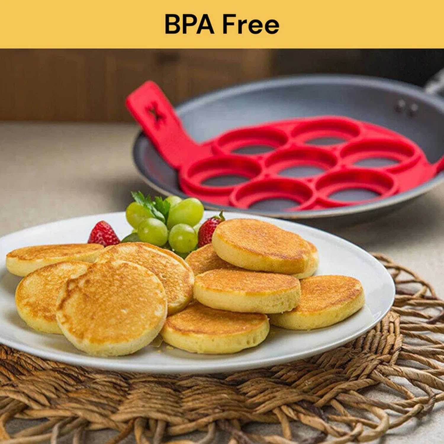 EZONEDEAL Pancake Mold Maker, Breakfast Mold Flip Cooker, Silicone 7 round Nonstick Egg Rings Set, Great for Cooking Fried Eggs, Hash Browns, Crumpets, Omelets on Griddle for Your Loved Ones-Red image number 6