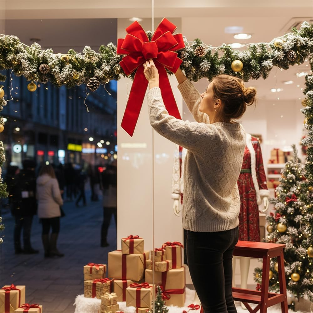 Red Velvet Bows for Indoor Outdoor Christmas Decorations,Porch Christmas Tree Bows Topper Decor Wreath (12 * 14 Inch)(2Pcs) image number 5