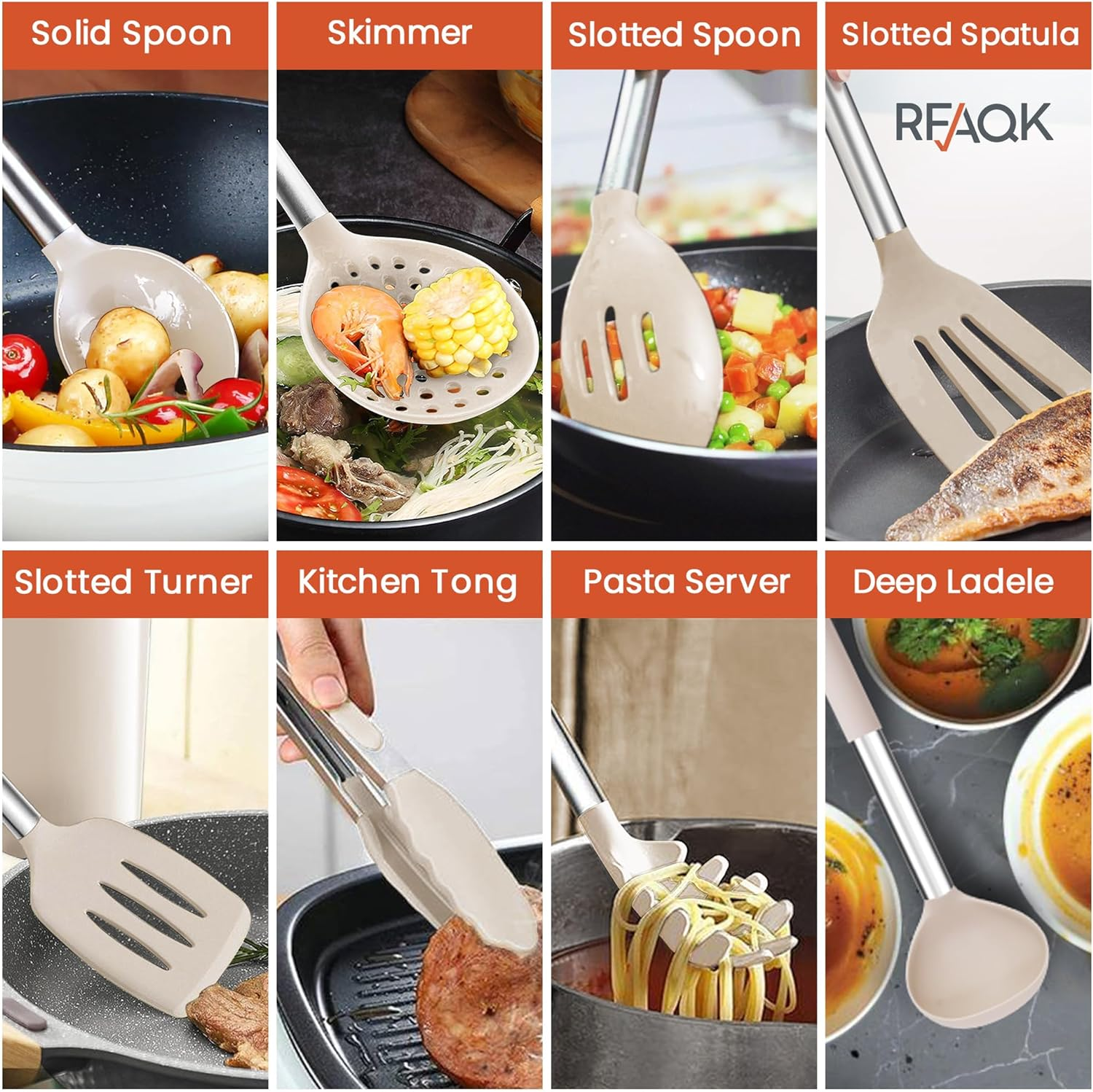 RFAQK Kitchen Utensils Set with Holder, 40Pcs Silicone Cooking Utensils for Nonstick Cookware,Heat Resistant Kitchen Tools & Gadgets with Can Opener,Potato Peeler,Tongs, Spatulas, (40 Pcs Khaki)