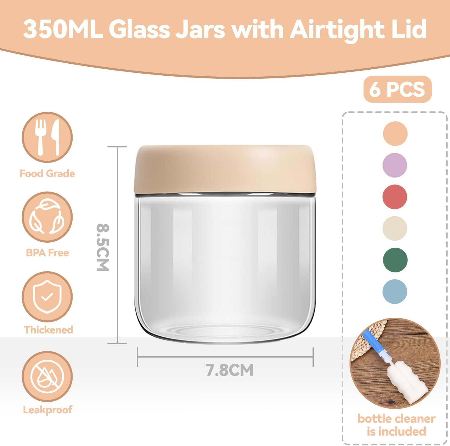 6 Pack 350ML Overnight Oats Container Jar with Airtight Lid, Freezer Dishwasher Safe Glass Food Storage Containers, Meal Prep Containers for Salad Pickle Snacks Jam, Fridge Pantry Storage Containers image number 1