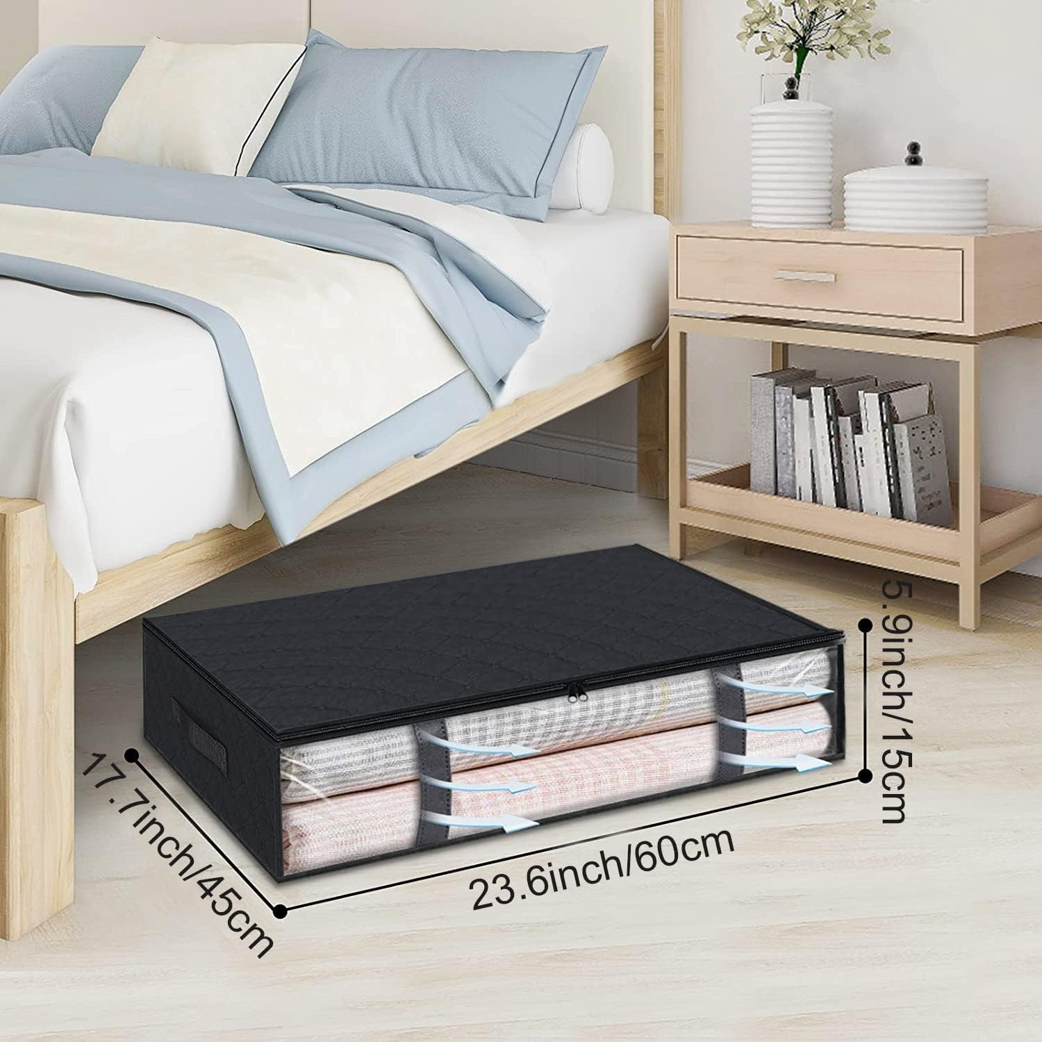 Under Bed Storage Containers, 4-Pack Large Capacity Underbed Storage Bags Organizer, Thick Fabric Storages Bins with Clear Window and Handles for Blanket, Comforter, Bedding, Clothes, Black - Black image number 6