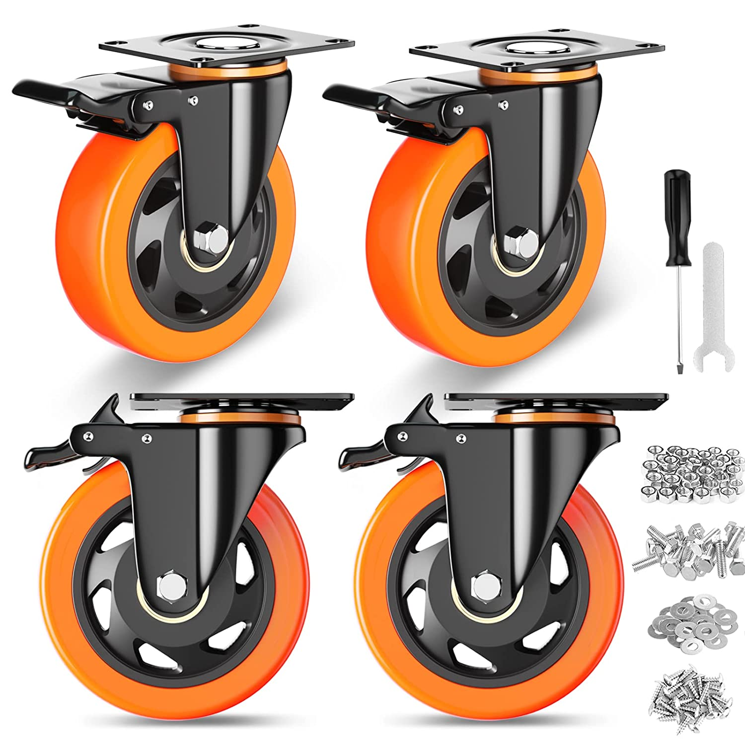 4" Caster Wheels, Casters Set of 4, Heavy Duty Casters with Brake, 2200 Lbs, Locking Industrial Swivel Top Plate Casters Wheels for Furniture and Workbench Cart(Free 2 Types of Hardware Kits) image number 4