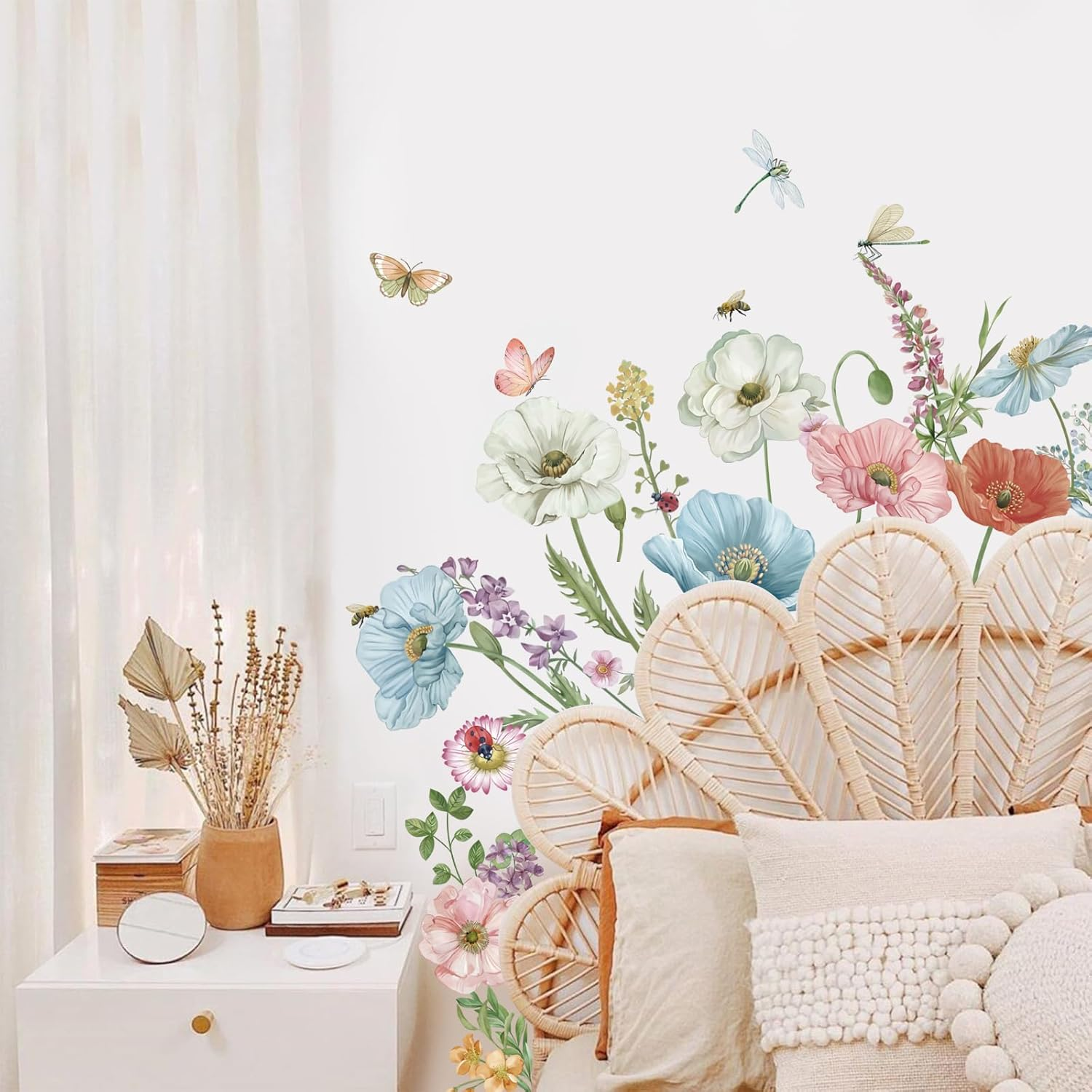 Wondever Watercolor Poppy Floral Wall Stickers Garden Flower Peel and Stick Wall Art Decals for Bedroom Living Room TV Wall image number 5