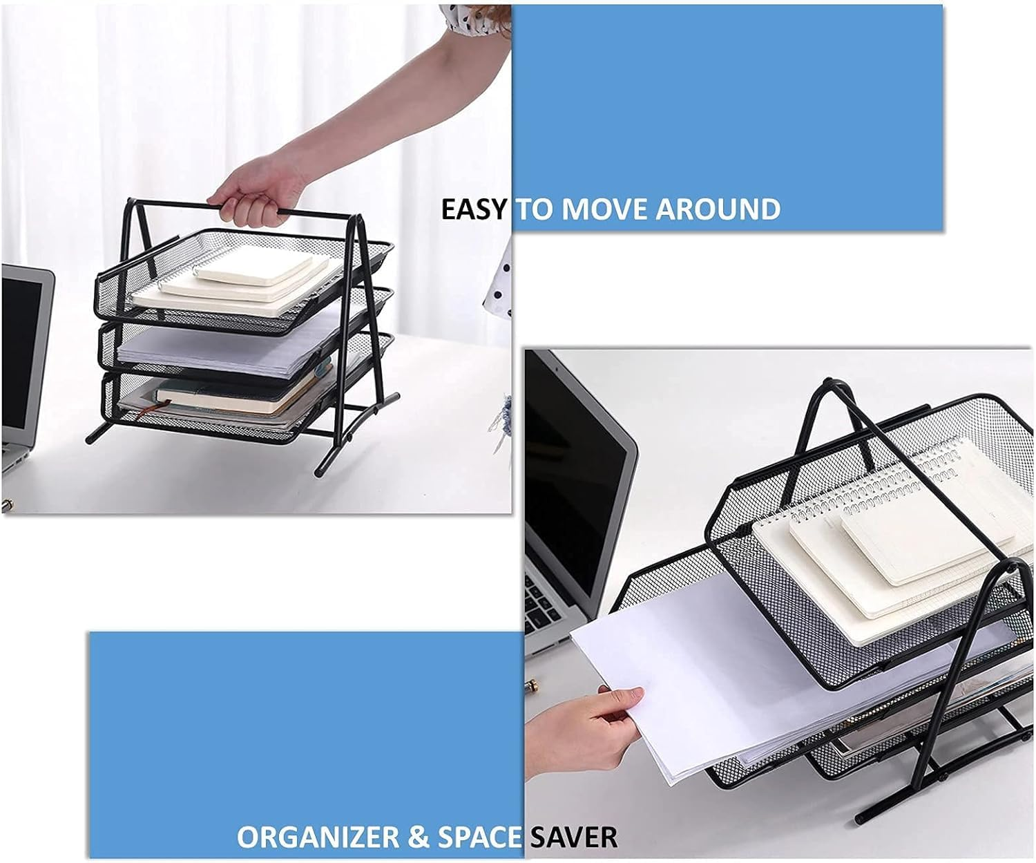 4-Tier Stackable Office Letter Organizer, Desk Tray, Metal Mesh File Storage, Desktop Organizer 12" L X 13.75" W X 12.5" H, (Black) image number 1