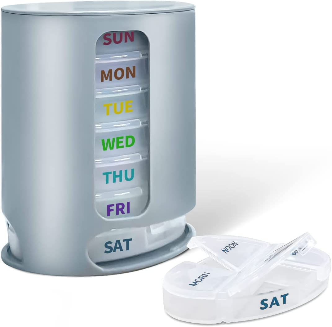 Miss Rui Weekly Pill Organiser BPA Free Pill Box Case 7 Day 4 Times a Day, Portable Stackable Pill Dispenser to Hold Fish Oils Vitamins Supplements and Medication (White)