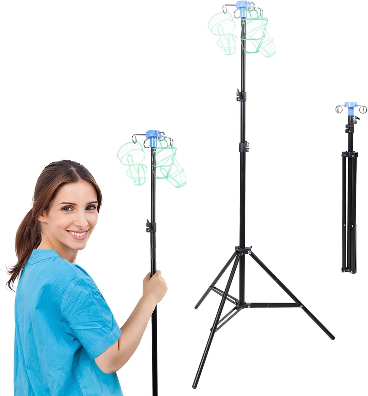 Foldable IV Pole with Portable Bag, Collapsible IV Pole Stand with 3 Nets for Drip Bag, Tripod IV Pole Stand Adjustable, 4 Hooks for Nursing Clinic Home Care Travel, Stable, Black, 1 Pcs image number 5
