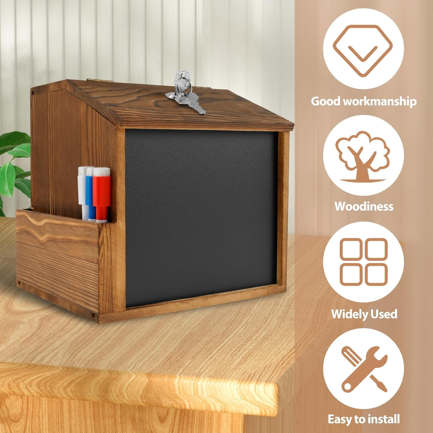 Wood Suggestion Box with Slot and Lock, Countertop or Wall Mounted Ballot Box with Chalkboard, Donation Box for Saving Fundraising, Multifunctional Comment Box with Chalkboard Vintage image number 5