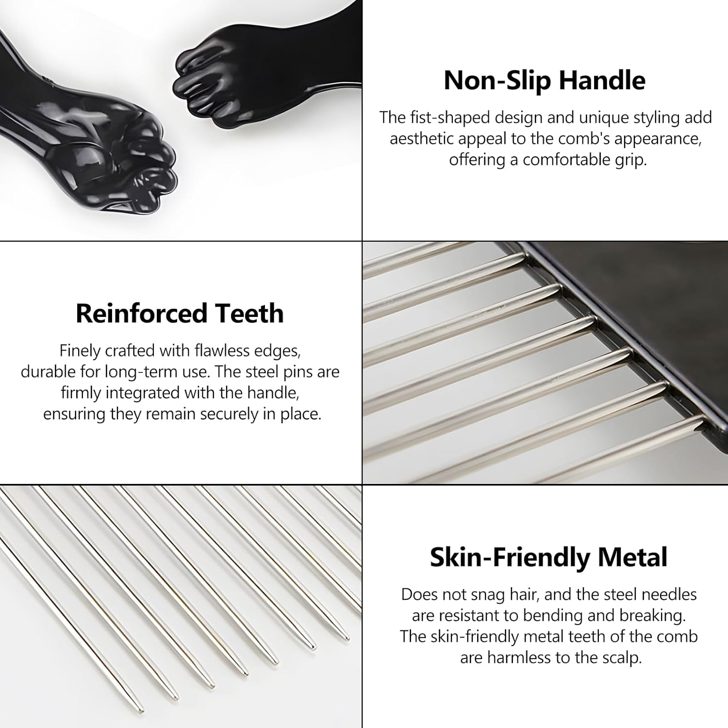 Stylish 3-Piece Black Metal Afro Hair Pick Set: Stainless Steel Wide-Tooth Combs with Classic Fist Design, Essential for Curly & Afro Hair Care and Styling image number 1