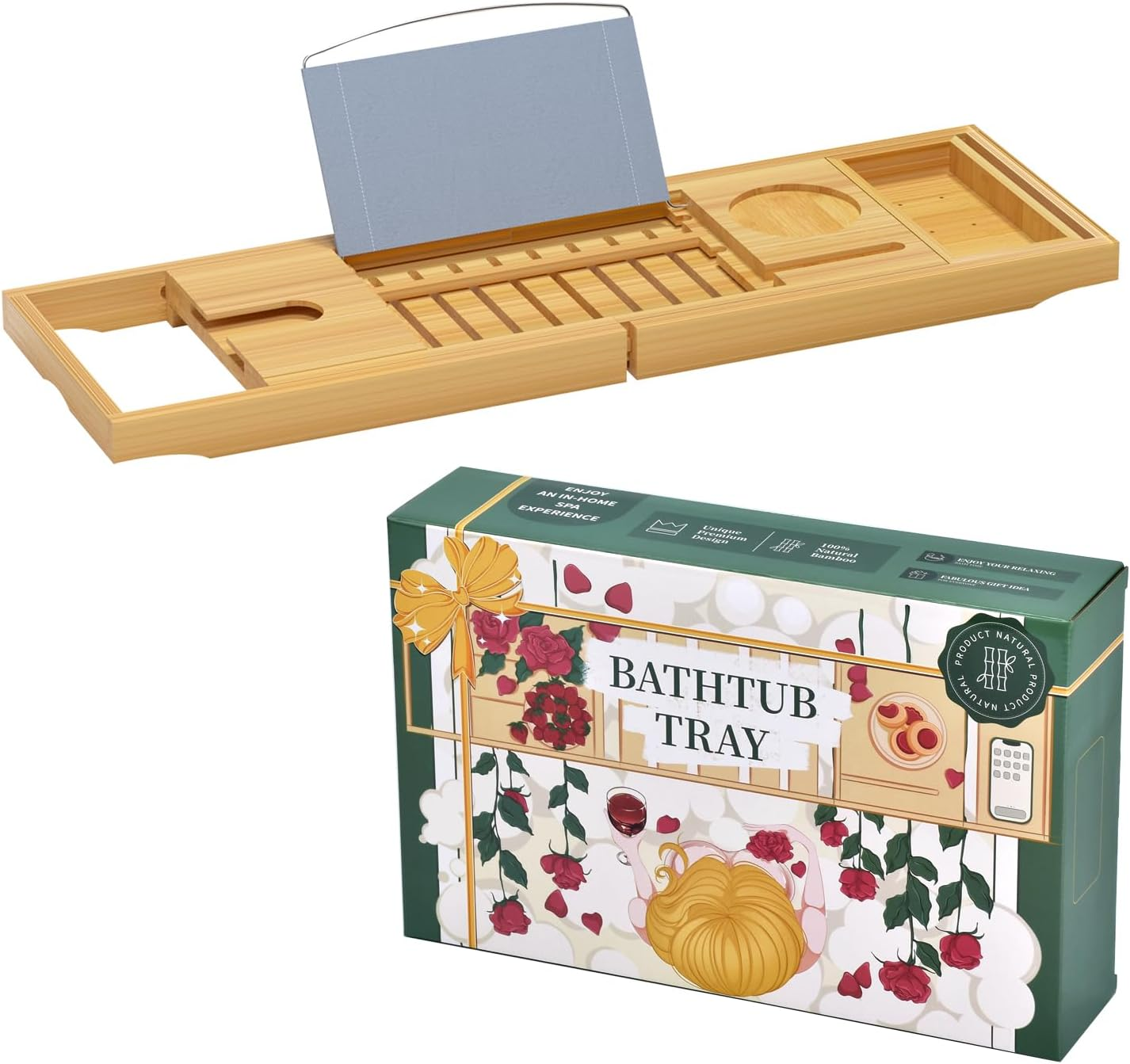 Luxury Bathtub Caddy Tray，Bamboo Bathtub Tray Caddy - Wood Bath Tray Expandable，Can Be Placed Book and Integrated Tablet Smartphone and Wine Holder - Gift Idea for Loved Ones image number 6