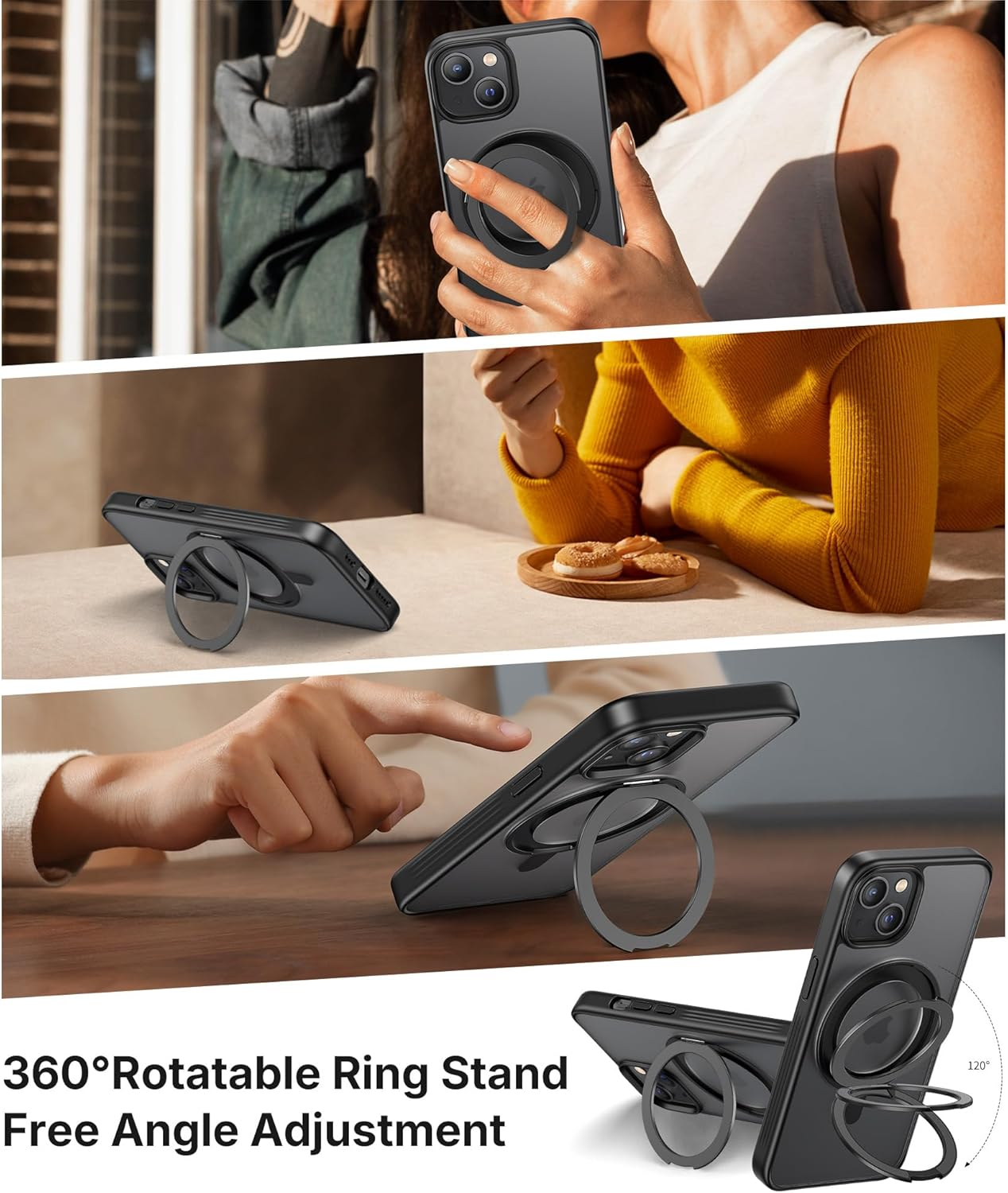 NIMASO for Iphone 13/14 Case with Ring Stand 360&deg;Rotatable, Compatible with Magsafe, Shockproof Military-Grade Protection, Translucent Matte Back Slim Magnetic Phone Case 6.1 Inch, Black image number 4