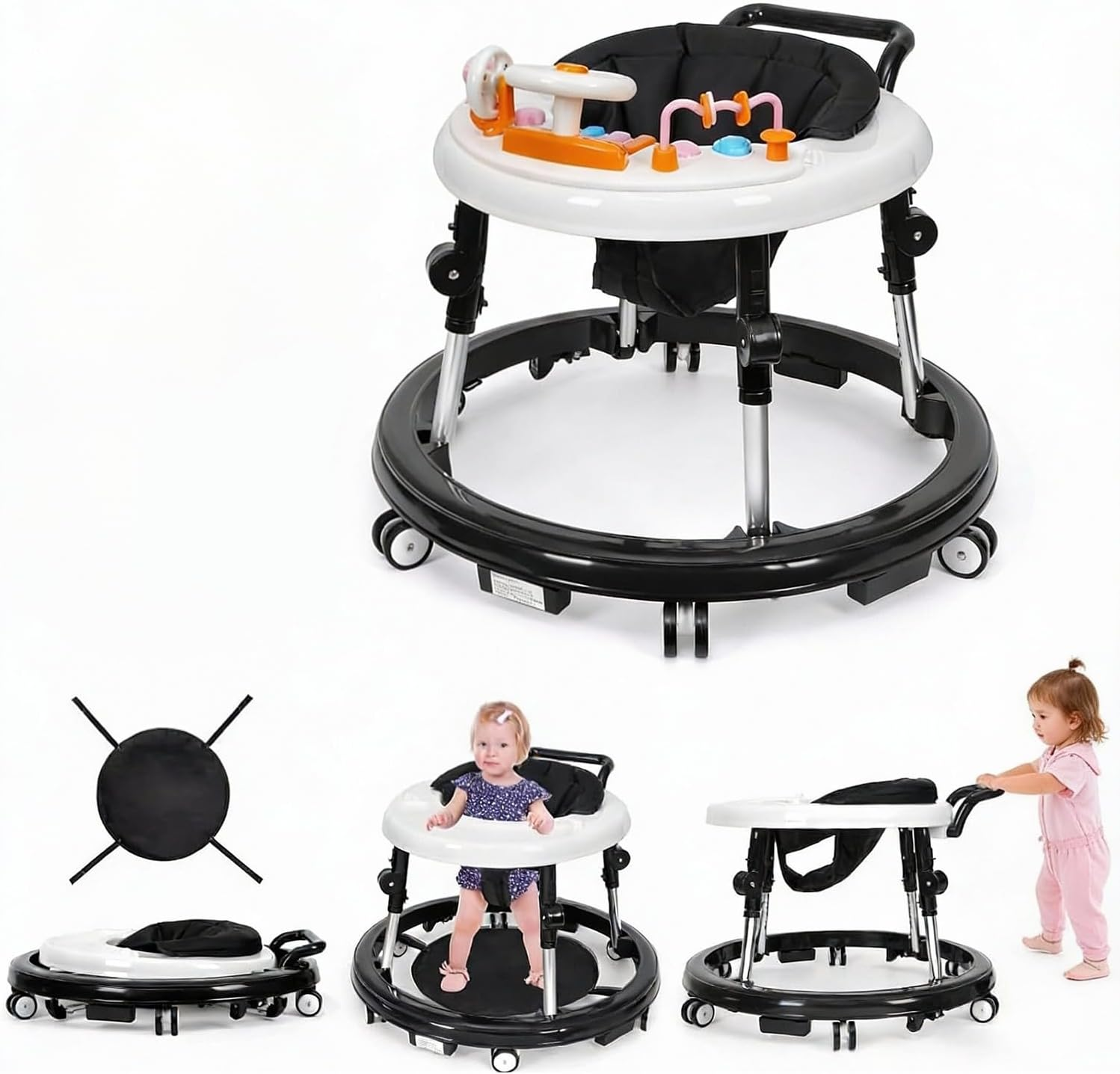 Baby Walker with Wheels Foldable, Portable Baby Walker with 9 Adjustable Heights, Infant Toddler Walker for Baby Boy Girls 6-18 Months (Pink)