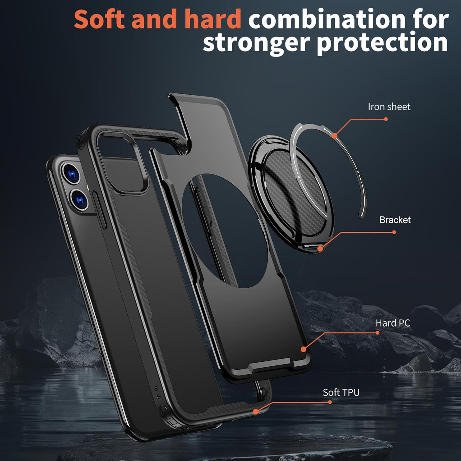 Lumobrilla for Iphone 11 Case,Iphone XR Case [360&deg; Rotate Ring Stand][Compatible with Magsafe] Military-Grade Protection Anti-Fingerprint Anti-Scratch Phone Case for Iphone 11/Iphone Xr,Black image number 3