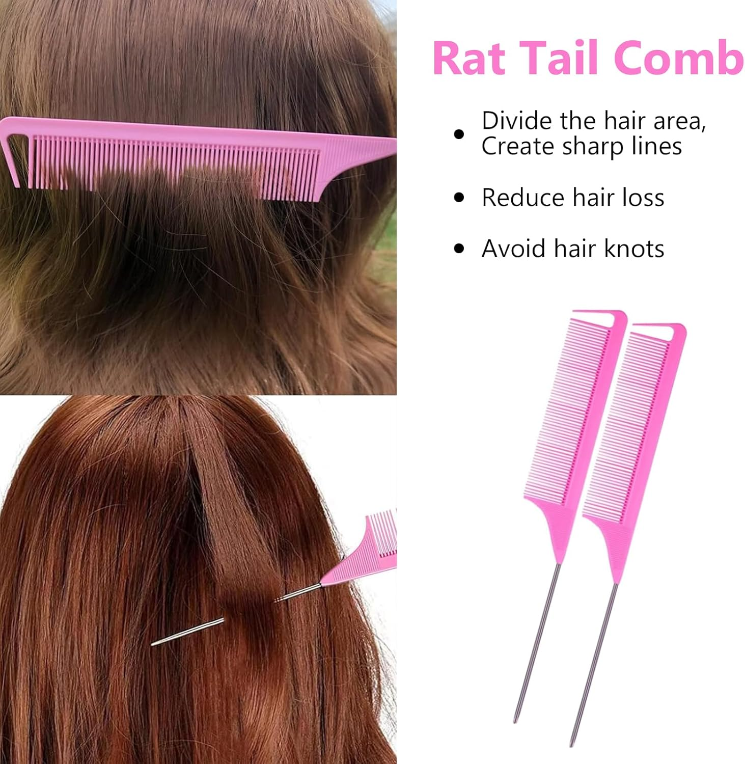 Agwenkui 8 Pcs Hair Brushes Set with 4Pcs Topsy Tail Tools - Hair Tools Set with Edge Brush Teasing Bristle Brush 2Pcs Metal Pin Rat Tail Combs for Women'S Styling (Pink) image number 4