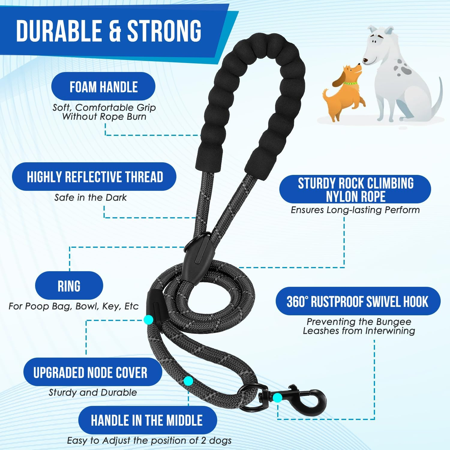 Slowton Double Dog Lead with Extra Handle- 360&deg; Swivel Heavy Duty Reflective Double Dog Lead for Walking 2 Dogs No Tangle Dual Dog Splitter Dog Leash for Small Medium Dogs Walking (Black, Large) image number 4