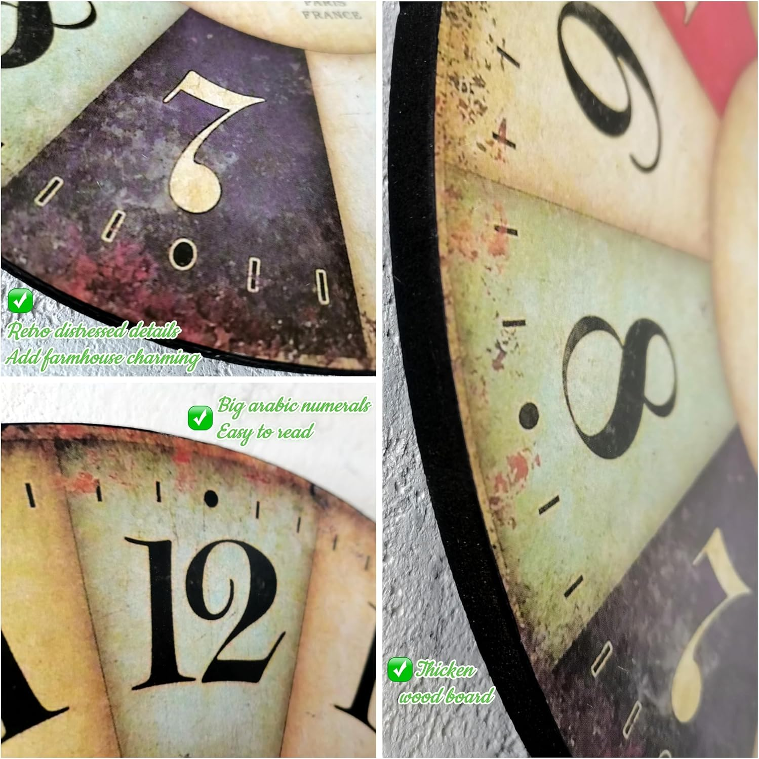 Qukueoy 12 Inch Thick Wood Kitchen Wall Clock Retro Farmhouse Clocks for Living Room Decor Bedroom Restaurant,Silent Battery Operated,Colorful Tuscan Country Style image number 5