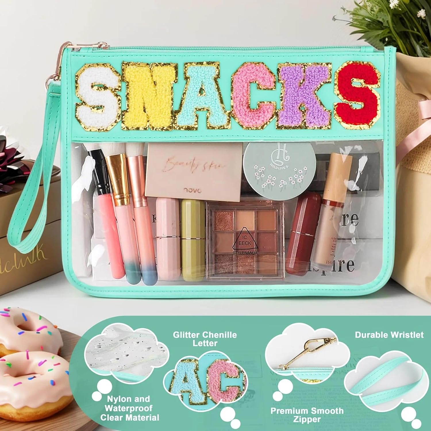 Waterproof Cosmetic Pouch Travel Pouch, Large Capacity Preppy Style Bag with Carry Strap, Multi-Purpose Clear Tote Bag in Green, Suitable for Women &ndash; Unron image number 1