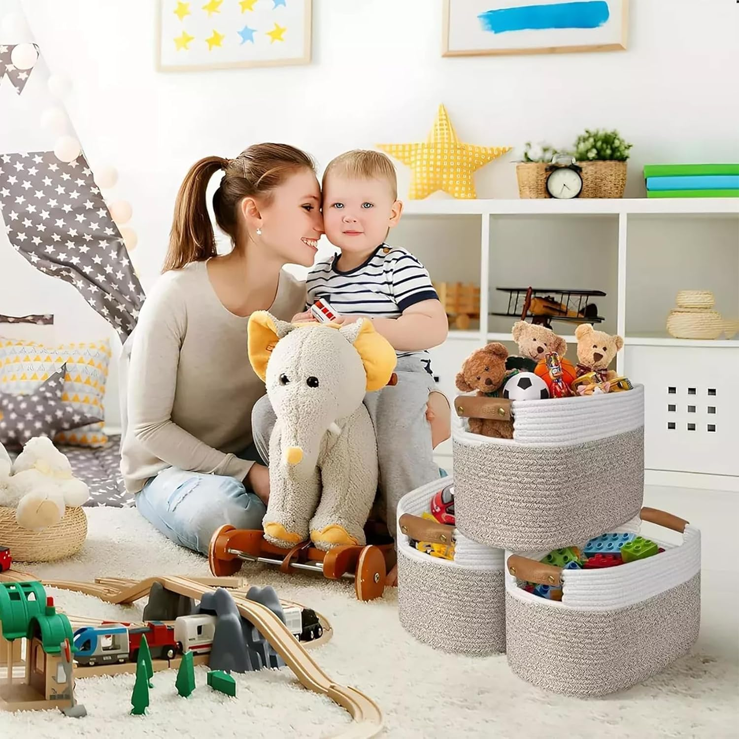 3Pc Foldable Woven Storage Baskets: Detachable Handles - 100% Cotton Rope for Clothing, Toy and Home Organization​(White+Beige,3) - Black image number 3