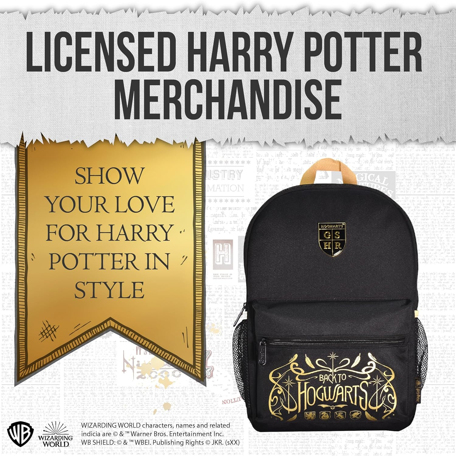 Harry Potter Hogwarts Crest Small Black Nylon Backpack for School or Kids Travel, Side Meshed Pockets, Includes Personalised Name Label - Black image number 2