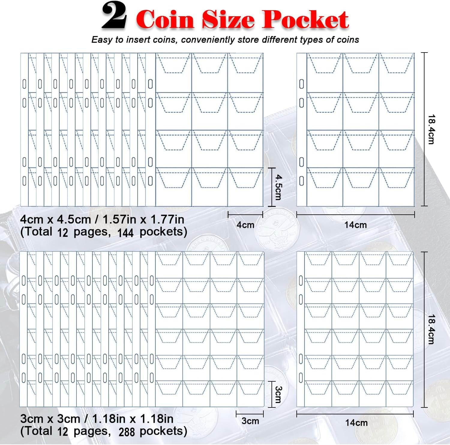 Intendvision Coin Collection Book Holder - 24 Pages 432 Pockets Coins Collection Album Book for Collectors, 2 Coin Size Pockets Coin Holder with Zipper for Coins, U.S.Pennies Dimes Nickels Quarters image number 4