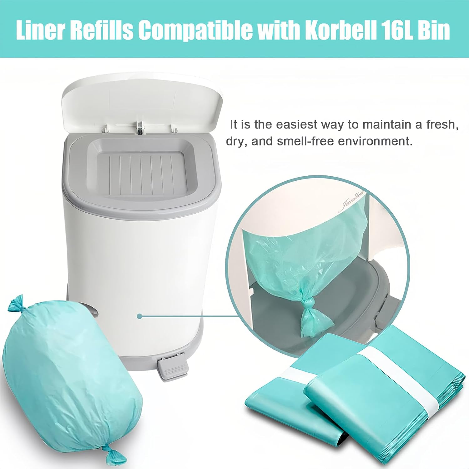 Liner Refills Compatible with Korbell Nappy Disposal Bin Liners Compatible 16L Bin - 8 Rolls/80M Diaper Bag Refill，Odor Lock and Germ Protection, Baby Diaper Pail Liner，Holds up to 1200 Nappies image number 5