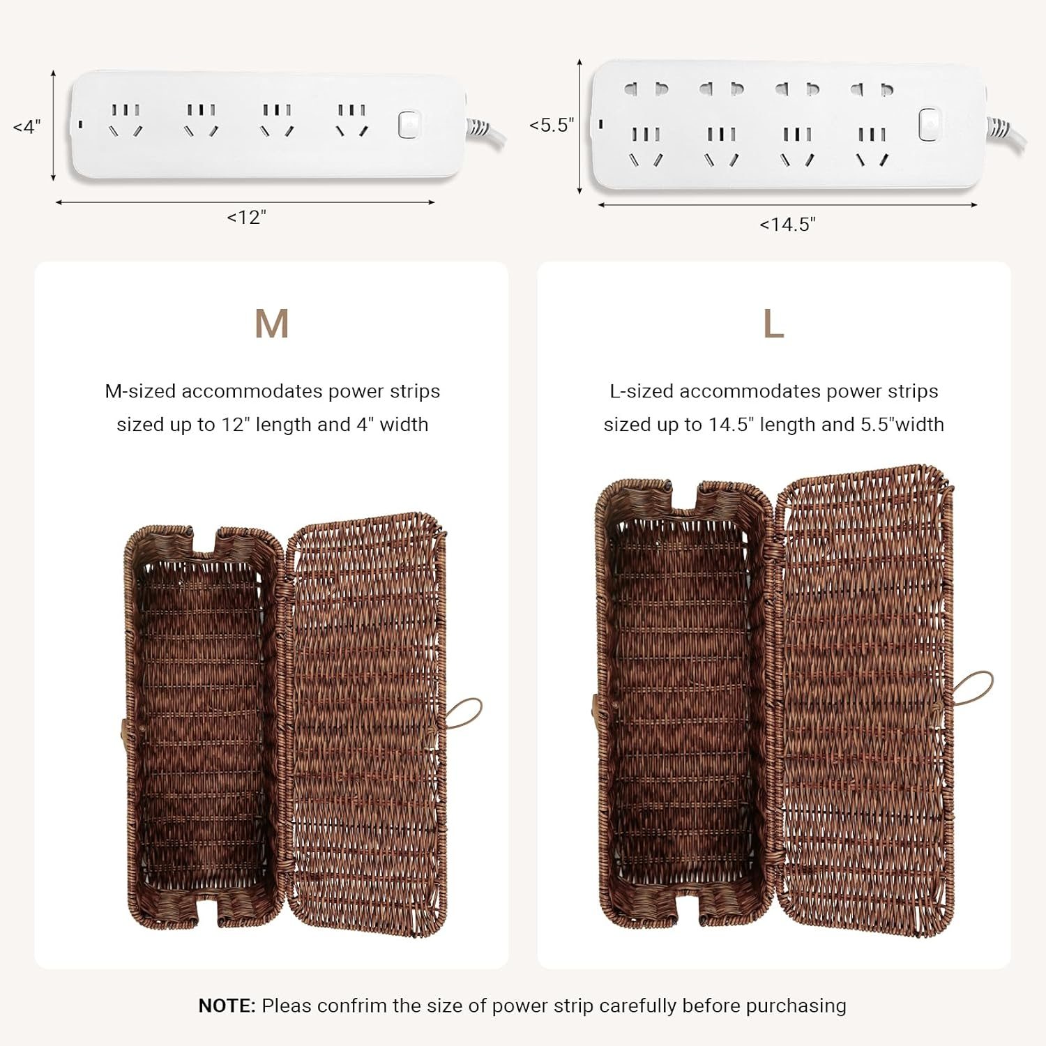 Ixtra 2-Pack Cable Management Box Set, Handwoven Rattan Cord Organizer, Decorative Cord Hider with Lid, Large Cable Organizer for Desk, TV Wires,Power Strips & Cords Brown image number 4