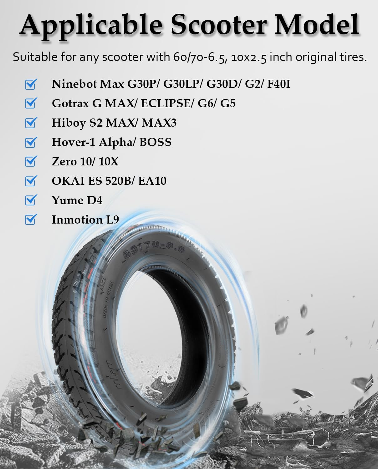 60/70-6.5 off Road Vacuum Tire with Tube for Ninebot Max G30P G30LP G2 G30D F40I, 10X2.5 Inch Tubeless Tire, Abrasion Puncture Resistant Electric Scooter Replacement Tire