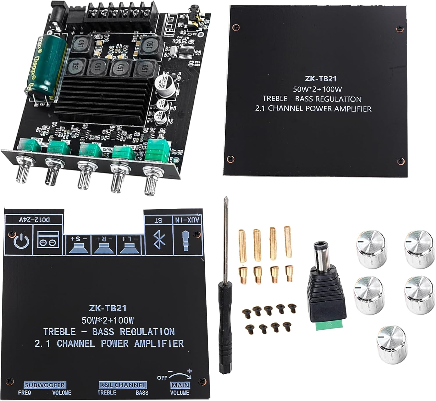 Bluetooth Audio Amplifier Board, ZK-TB21 2.1CH 50W X 2 +100W Subwoofer Power Amp with Treble and Bass Control, Bluetooth5.0 and AUX Inputs, Stereo Digital AMP for DIY Home Speakers (ZK-TB21) image number 2