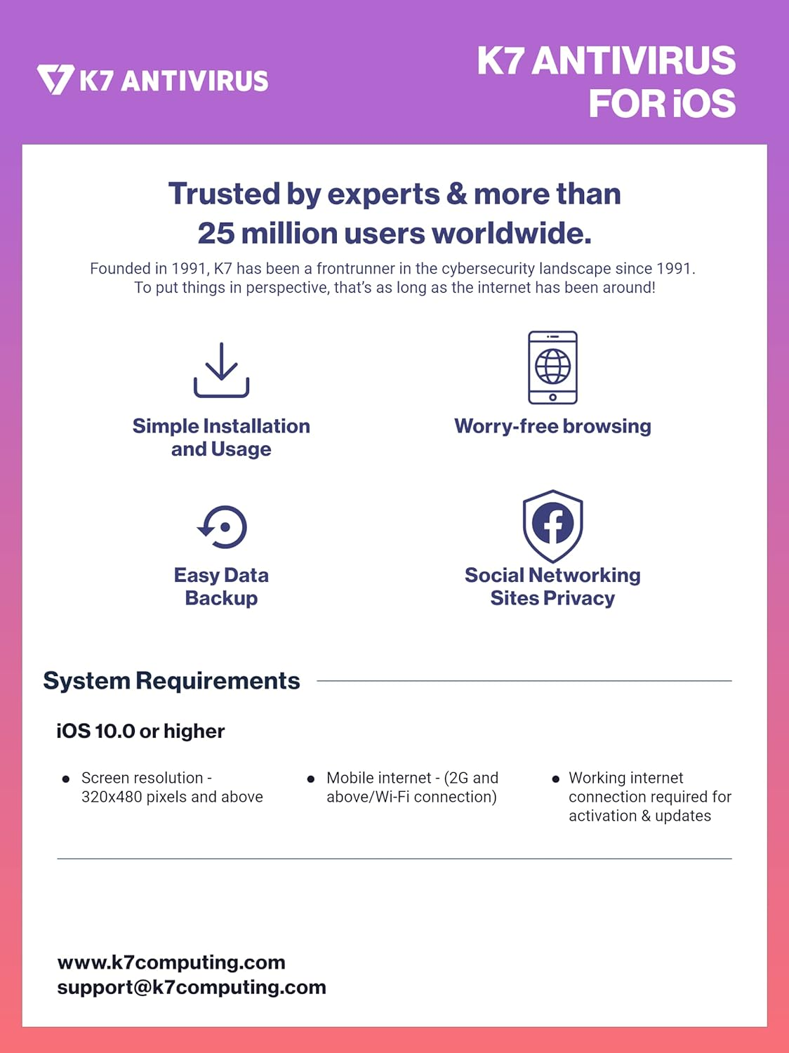 K7 Mobile Security for IOS Antivirus Software 2025 for Iphone,Ipads|1 User,1 Year | Internet Security, Secure Browser, Anti-Theft, Contacts Backup-No CD