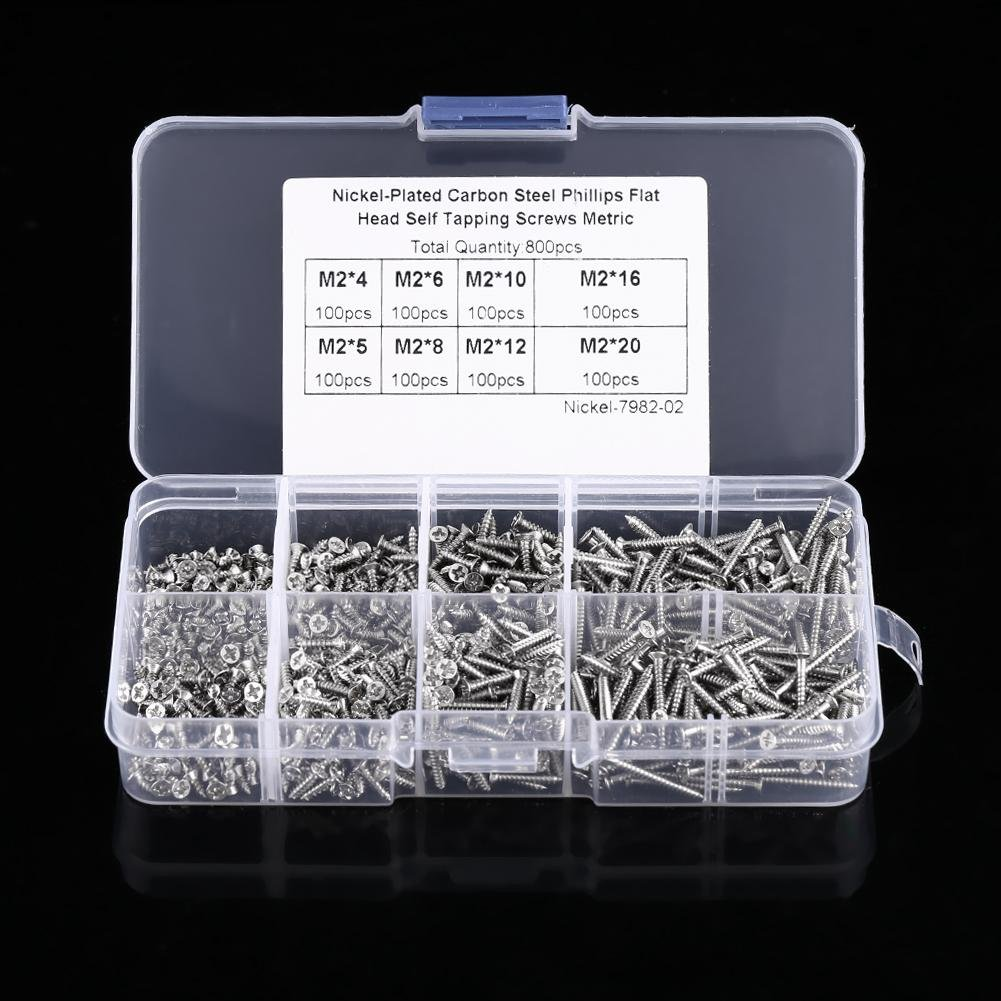 800Pcs Carbon Steel Self-Tapping Screws M2 Flat Head Machine Screws for Woodworking Fastening Kits - Cross Drive Flathead Screws Pack for DIY Furniture Machinery Hardware Tools
