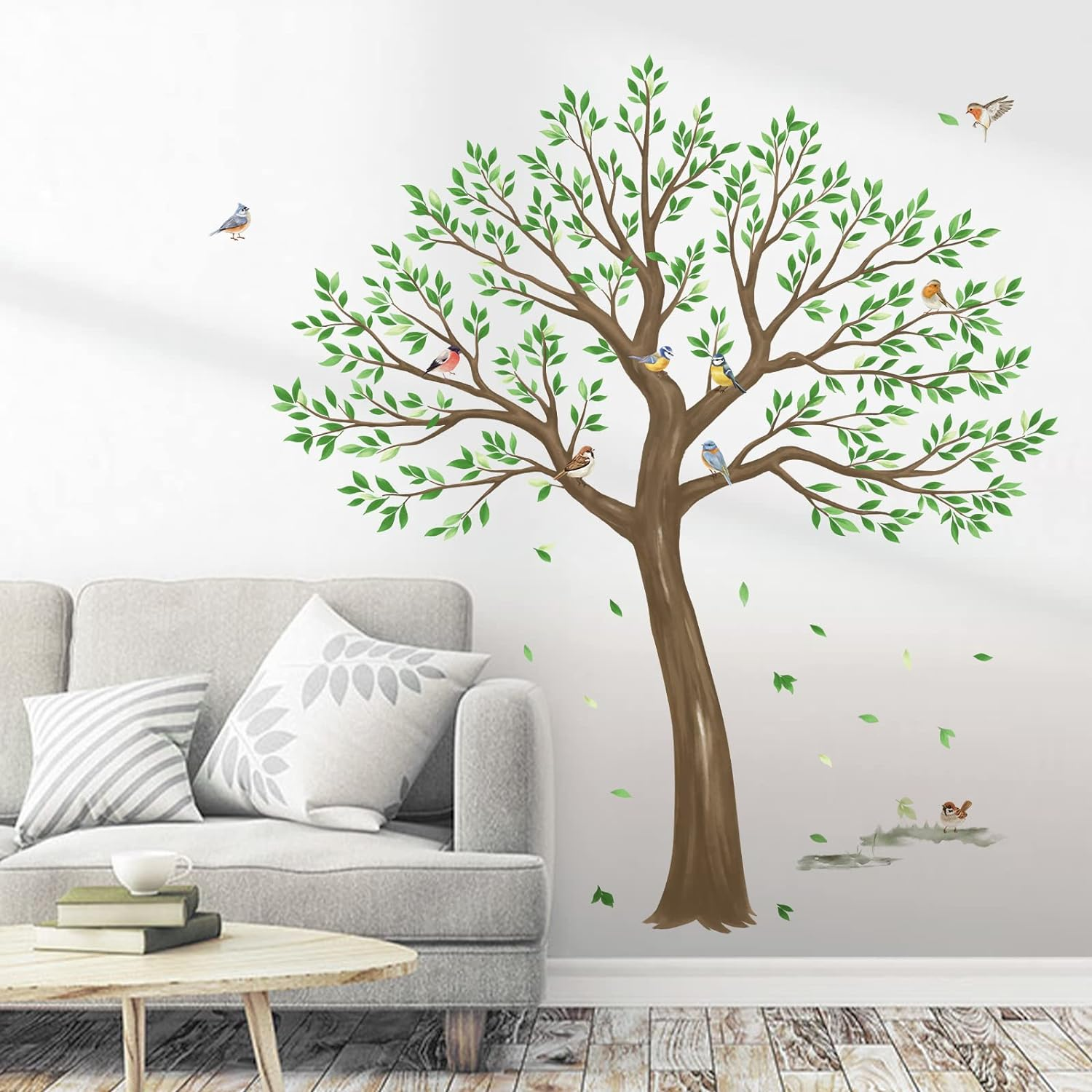 Wondever Large Tree Wall Stickers Green Leaves Birds Peel and Stick Wall Decals for Living Room Bedroom TV Wall (H: 63Inches) image number 1