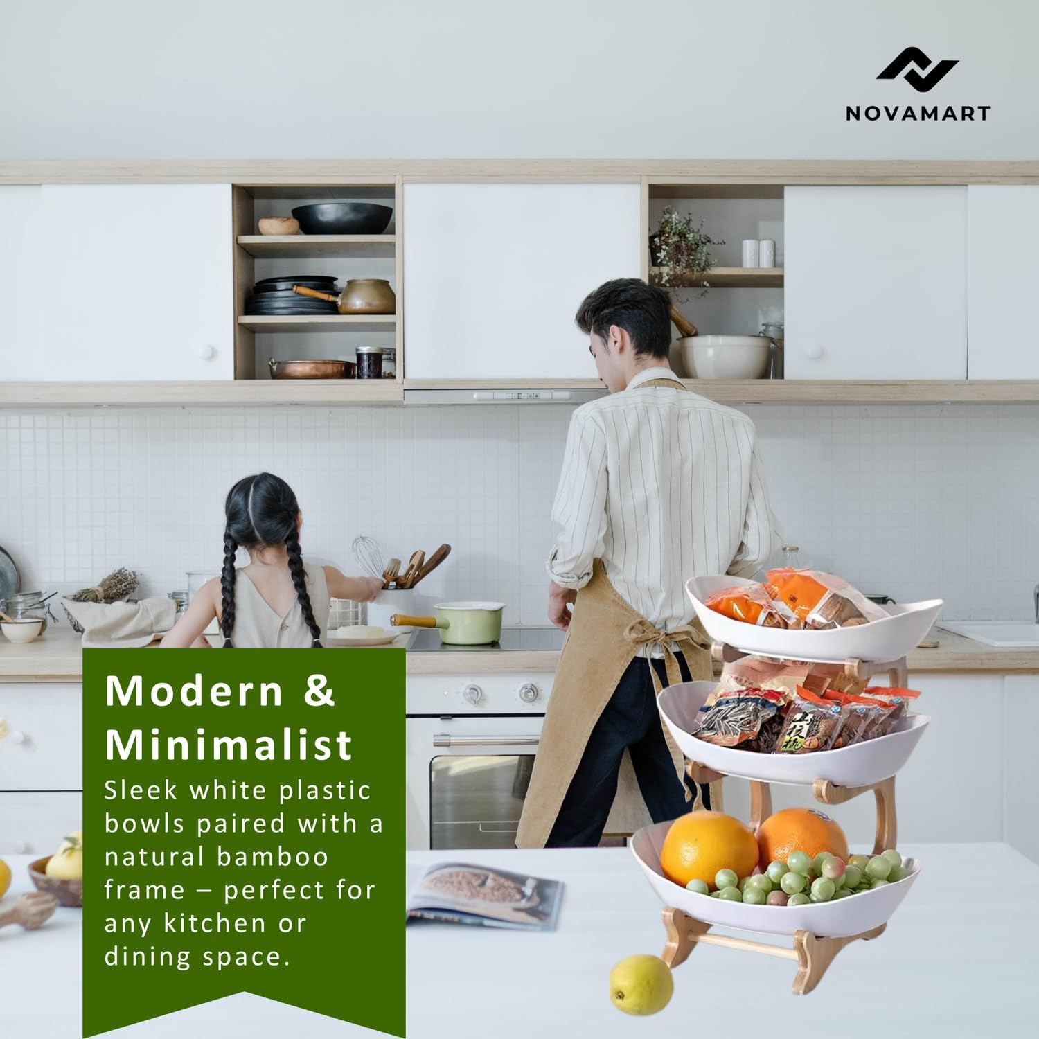 NOVAMART 3-Tier Fruit Bowl &ndash; Bamboo Wood Stand Tiered Fruit Basket for Kitchen Countertop, Produce, Vegetables, Bread & Snack Organizer &ndash; Space-Saving Counter Storage Display image number 3